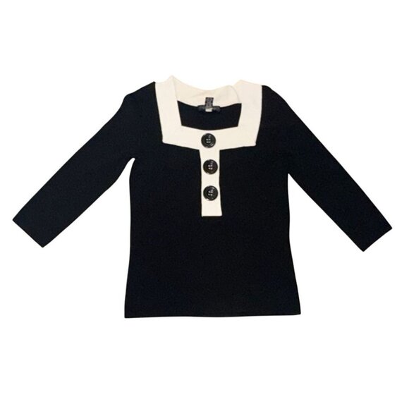 Cable & Gauge Black & White Color Block Button-Down Top With Square Neckline Lon - Picture 1 of 6